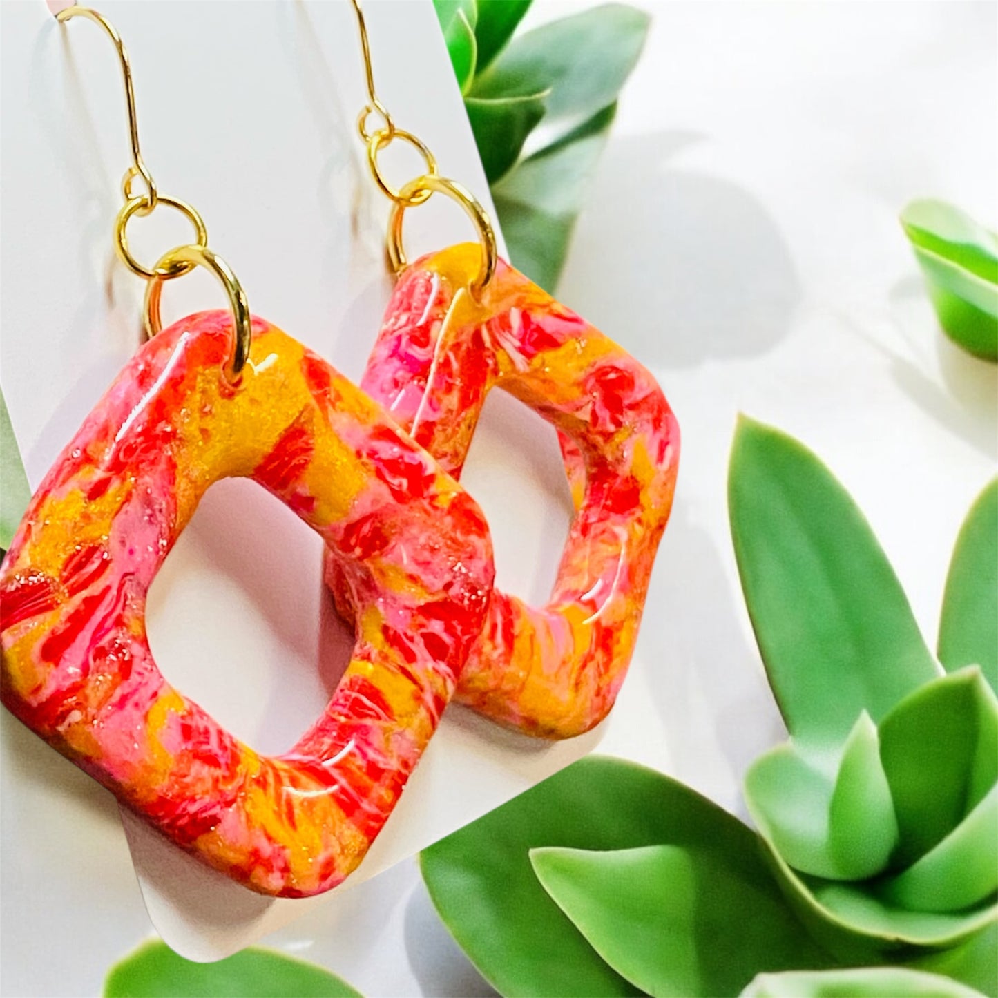 Fiery Bloom Square Earrings