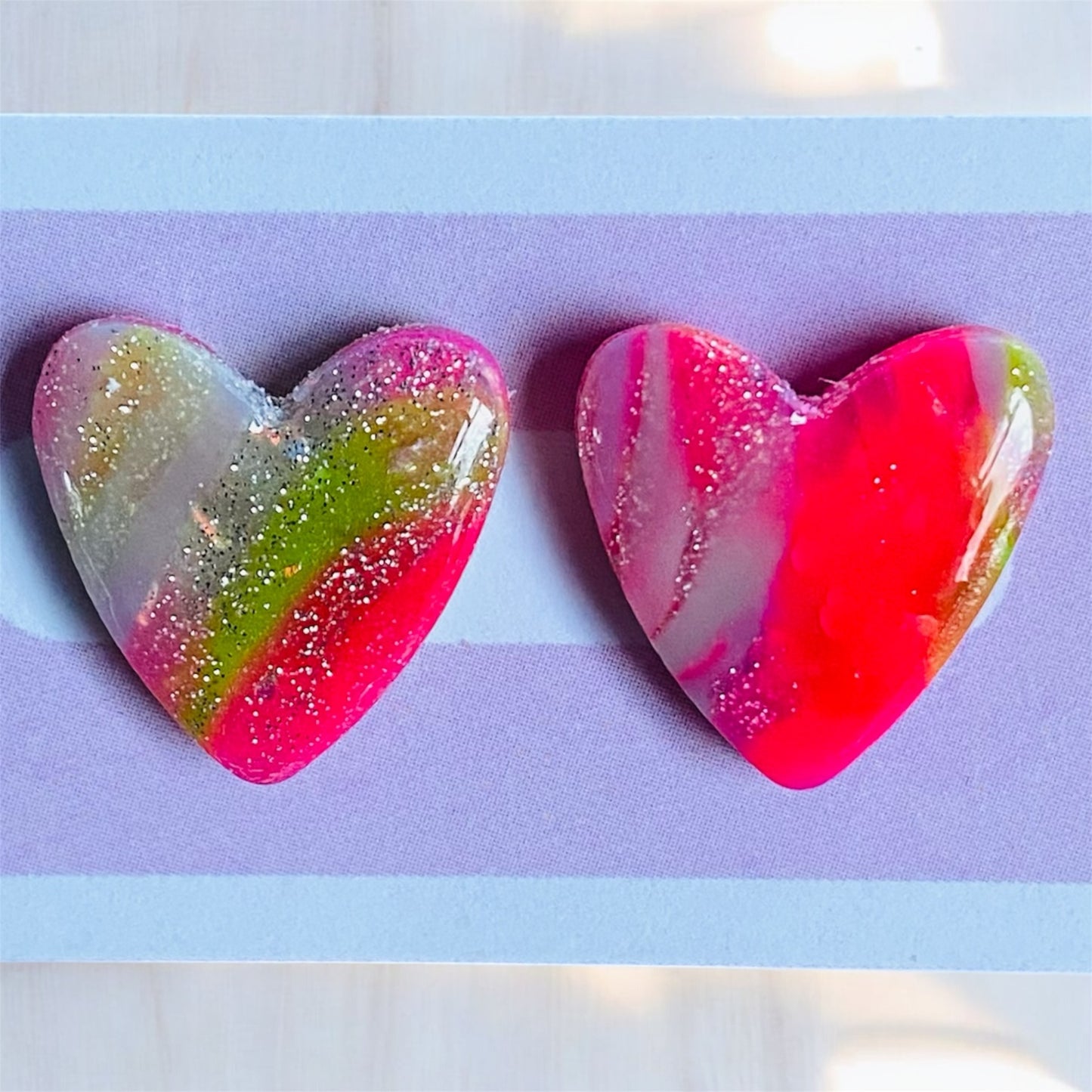 Neon Heart - Pink Stud Earrings With Swirl Shimmers