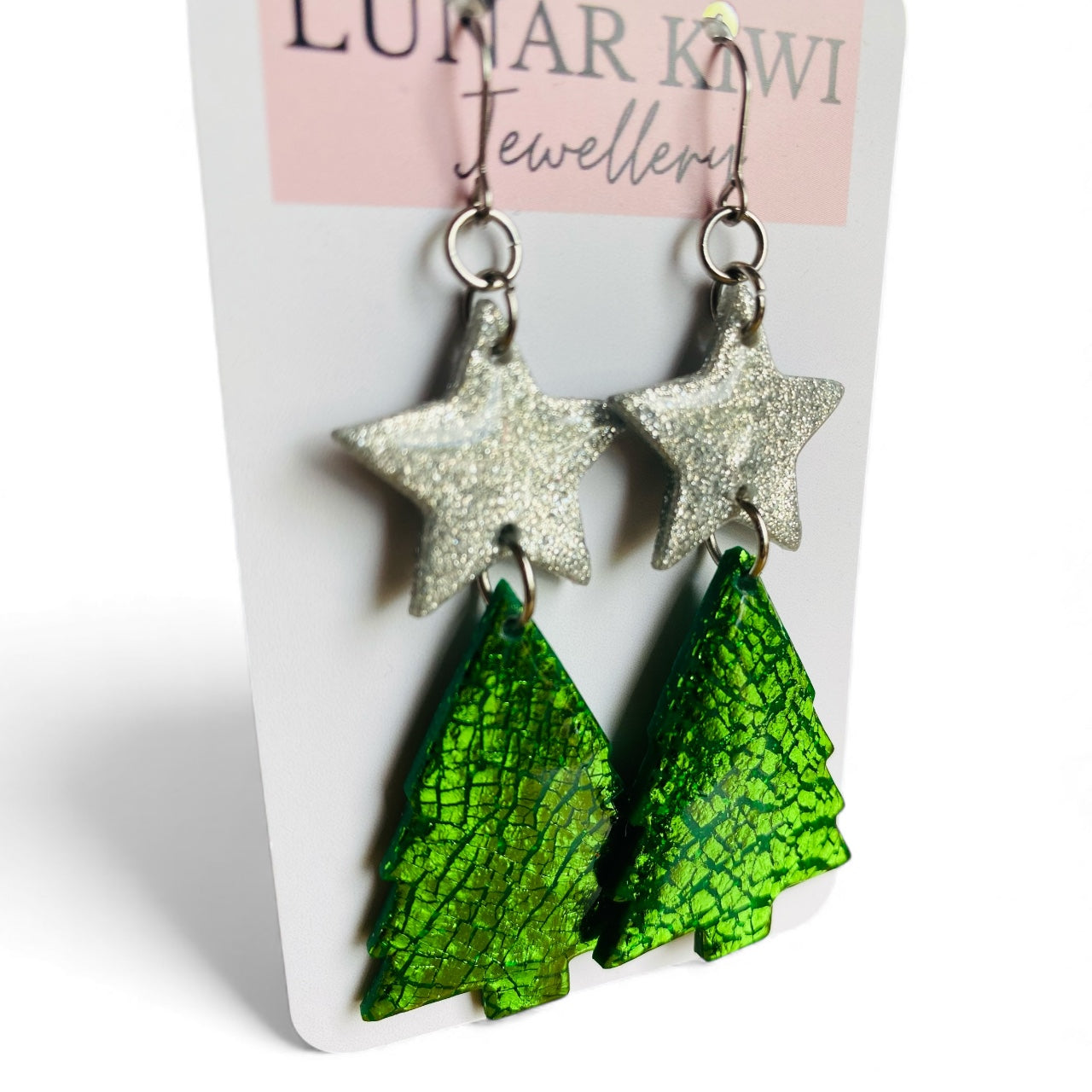 Silver Starred Xmas Tree Earrings