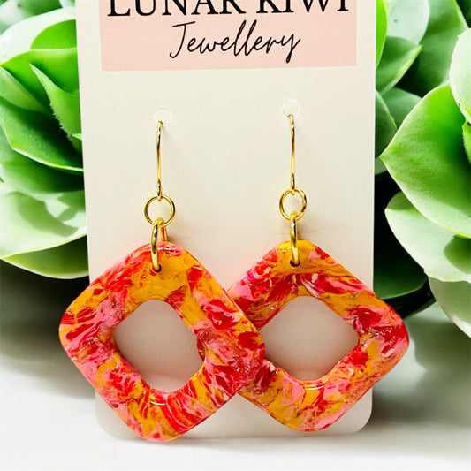 Fiery Bloom Square Earrings