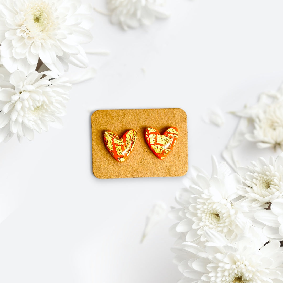 Be Excited - Orange Sparkle Heart Studs