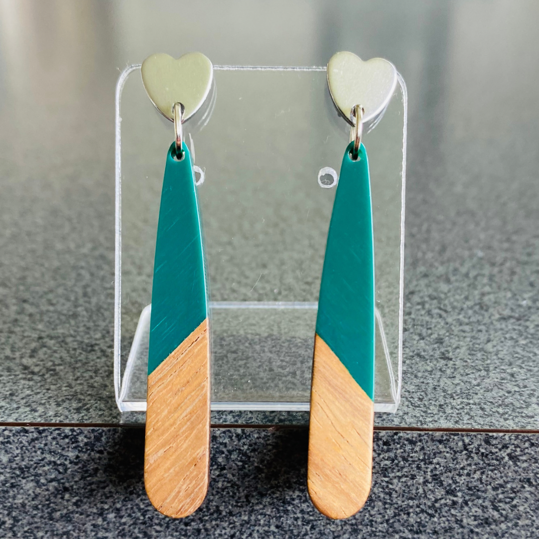 Teal Resin & Wood Teardrop Earrings