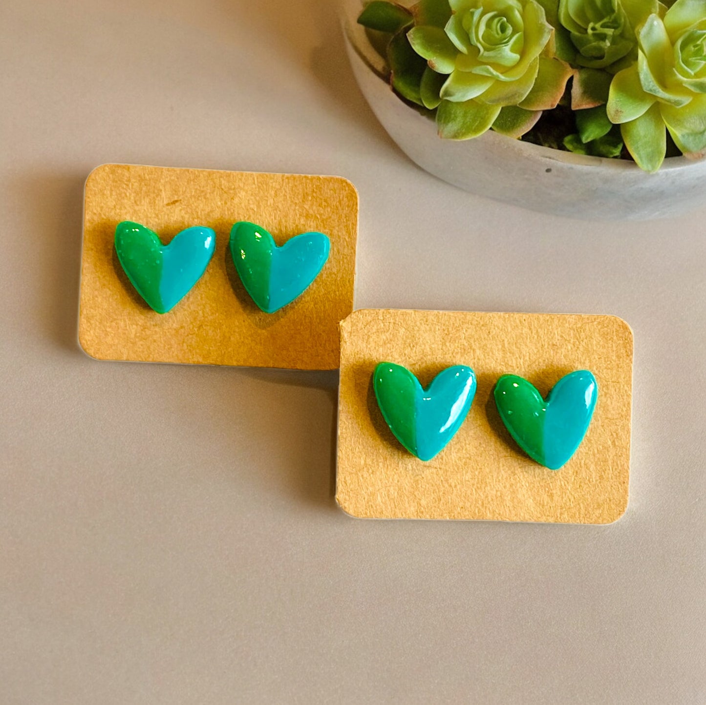 Love Deeply- Green Duo Heart Studs