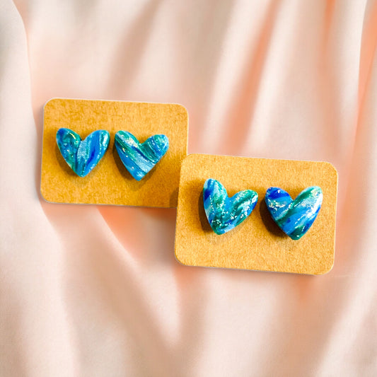 Be Serene - Green & Blue Heart Studs