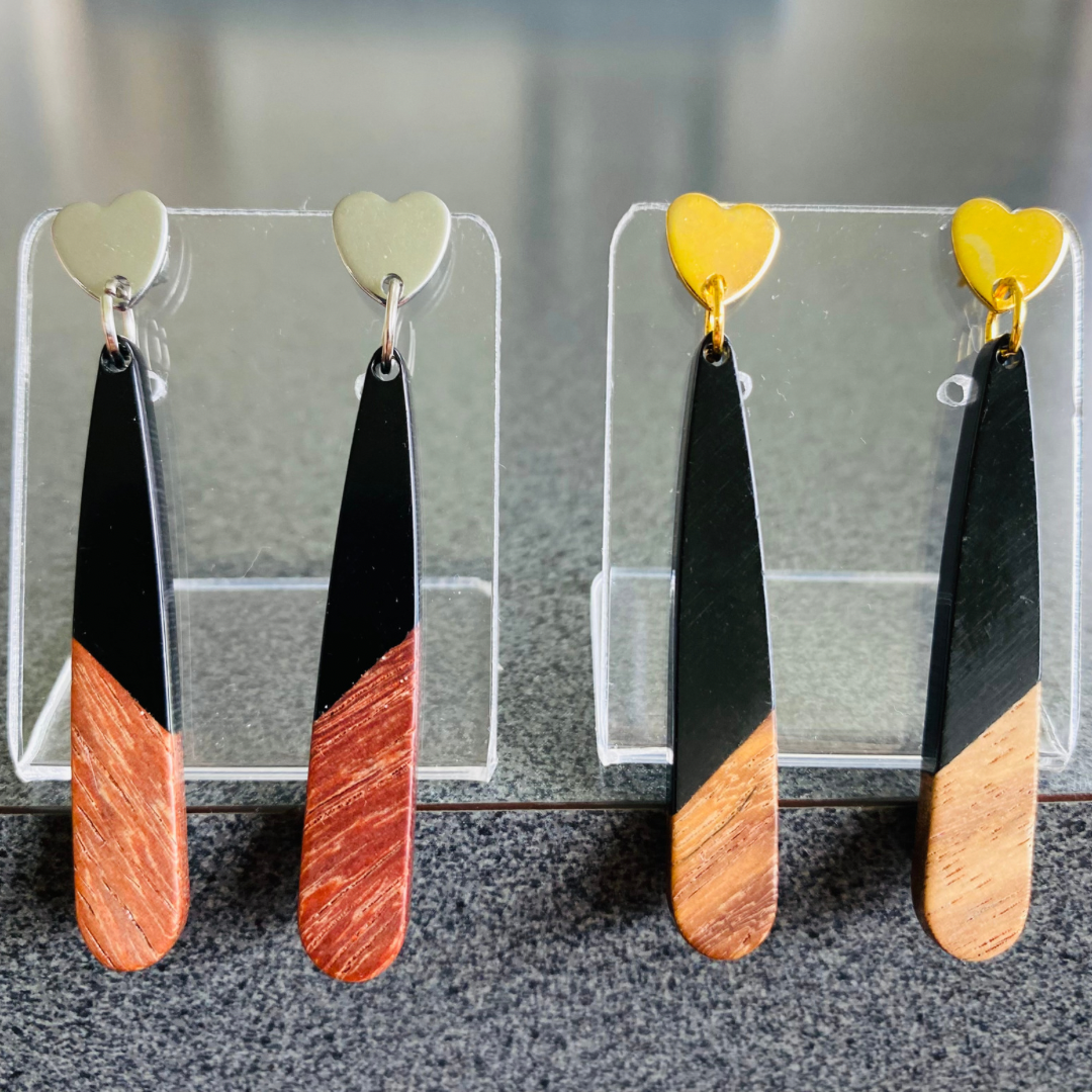 Black Resin & Wood Teardrop Earrings