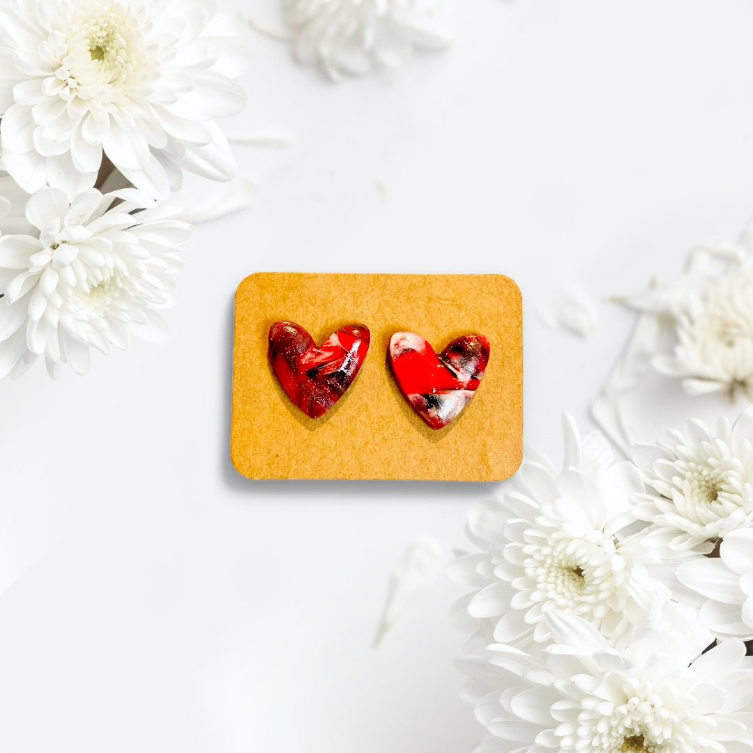 Love Hard- Red Speckled Heart Studs