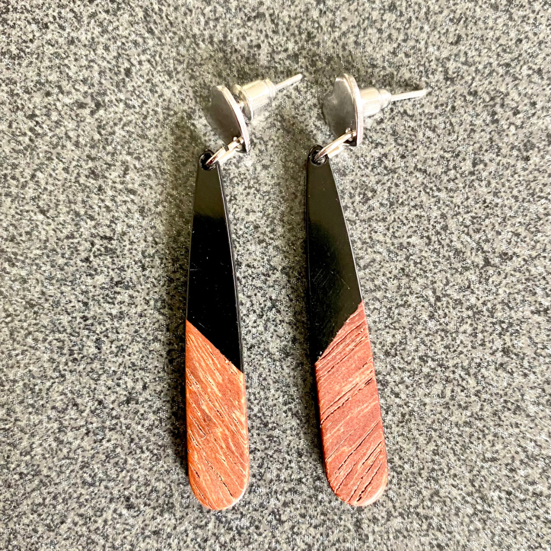 Black Resin & Wood Teardrop Earrings