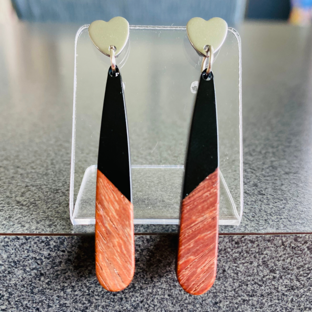 Black Resin & Wood Teardrop Earrings