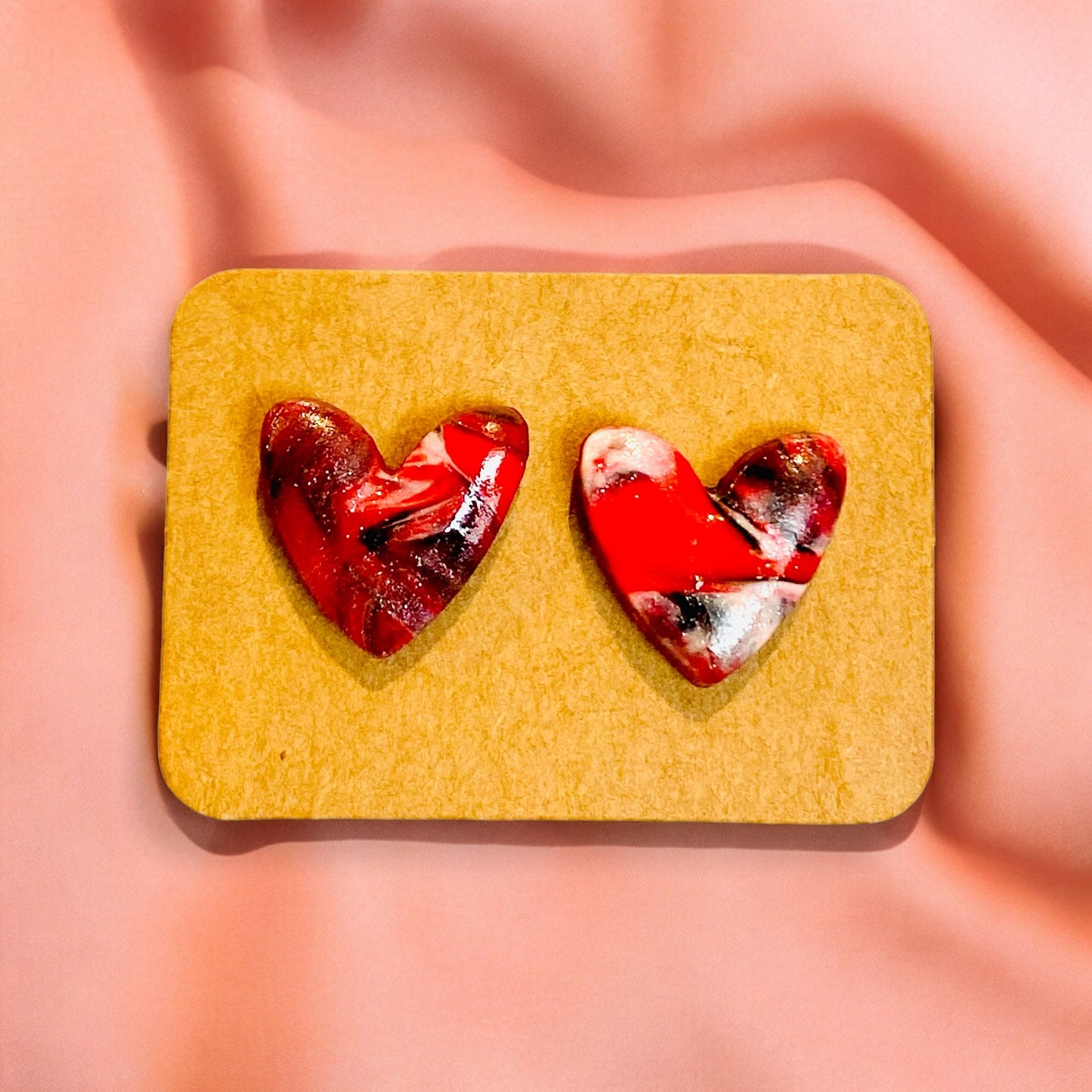 Love Hard- Red Speckled Heart Studs