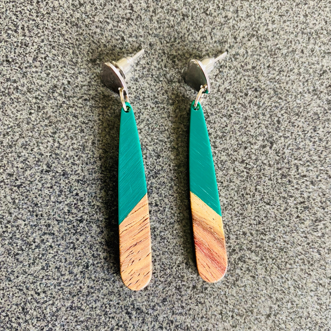 Teal Resin & Wood Teardrop Earrings