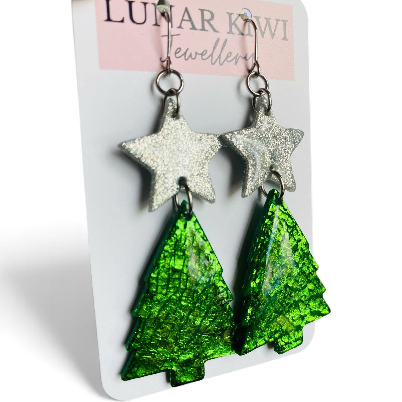 Silver Starred Xmas Tree Earrings