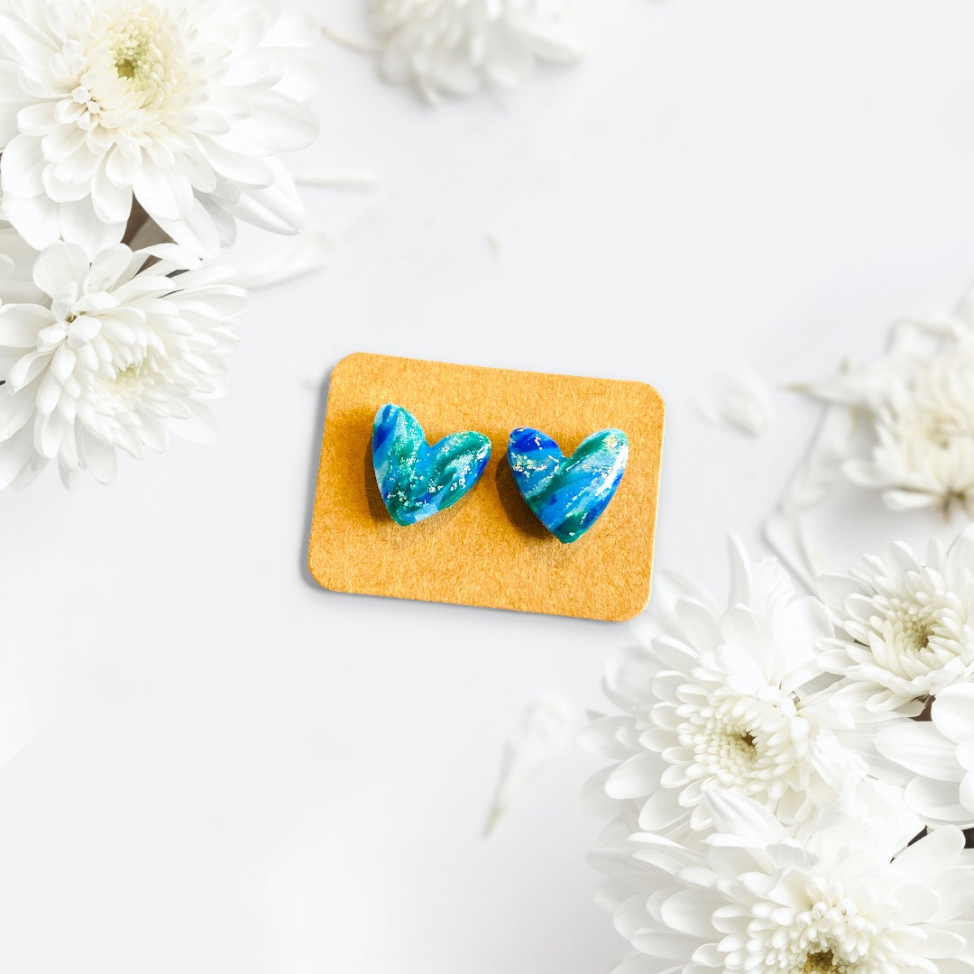 Be Serene - Green & Blue Heart Studs