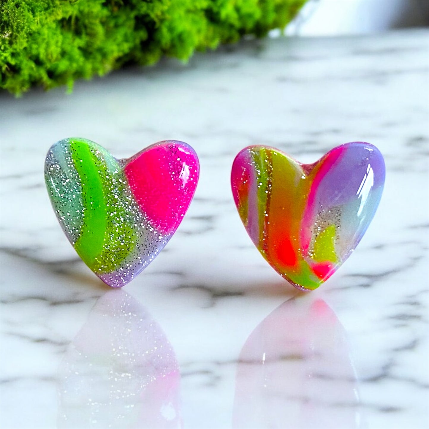 Neon Heart - Pink Stud Earrings With Swirl Shimmers