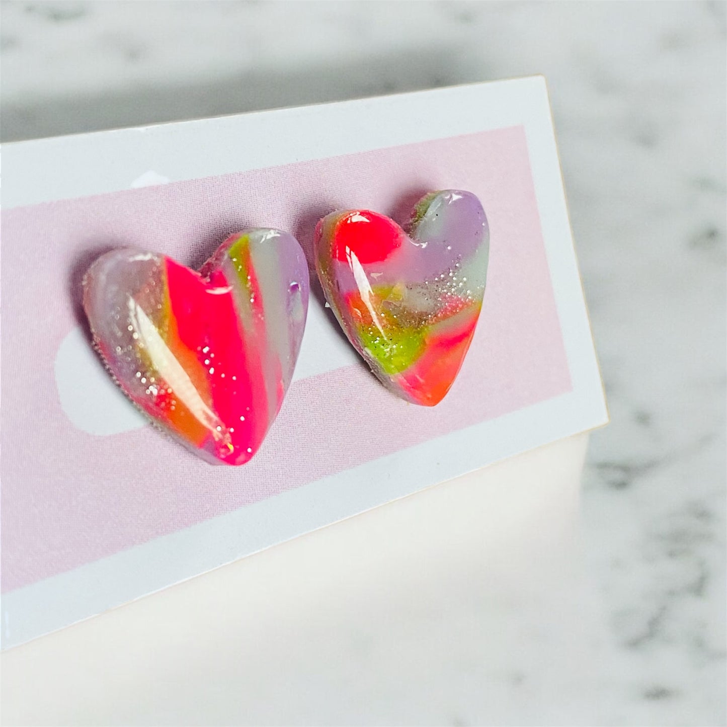 Neon Heart - Pink Stud Earrings With Swirl Shimmers