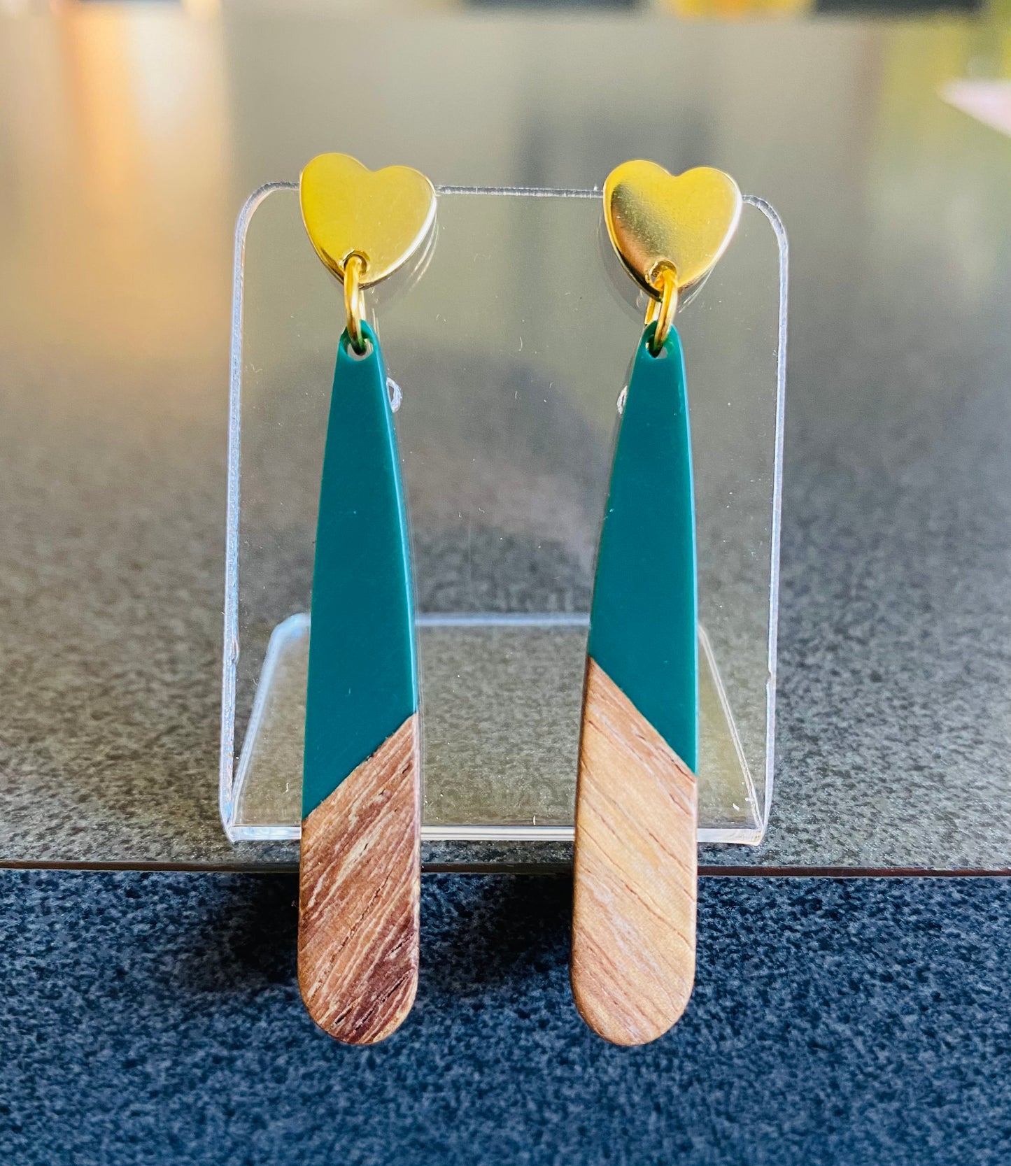 Teal Resin & Wood Teardrop Earrings