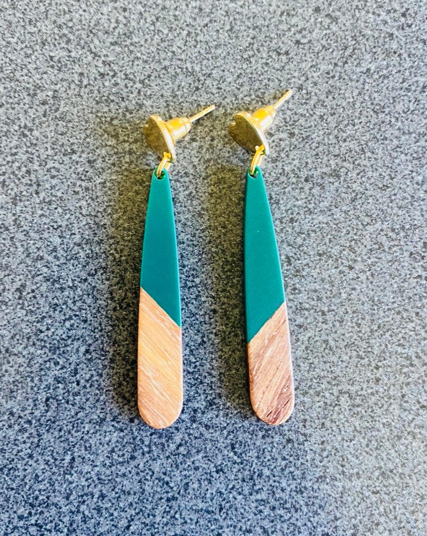 Teal Resin & Wood Teardrop Earrings