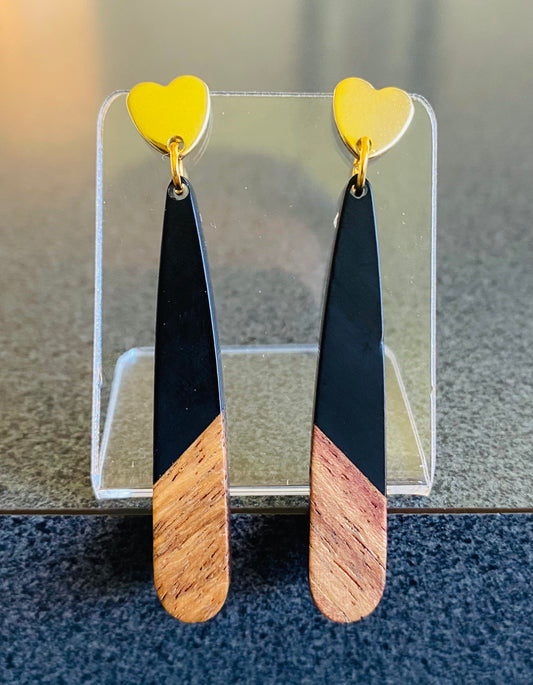 Black Resin & Wood Teardrop Earrings