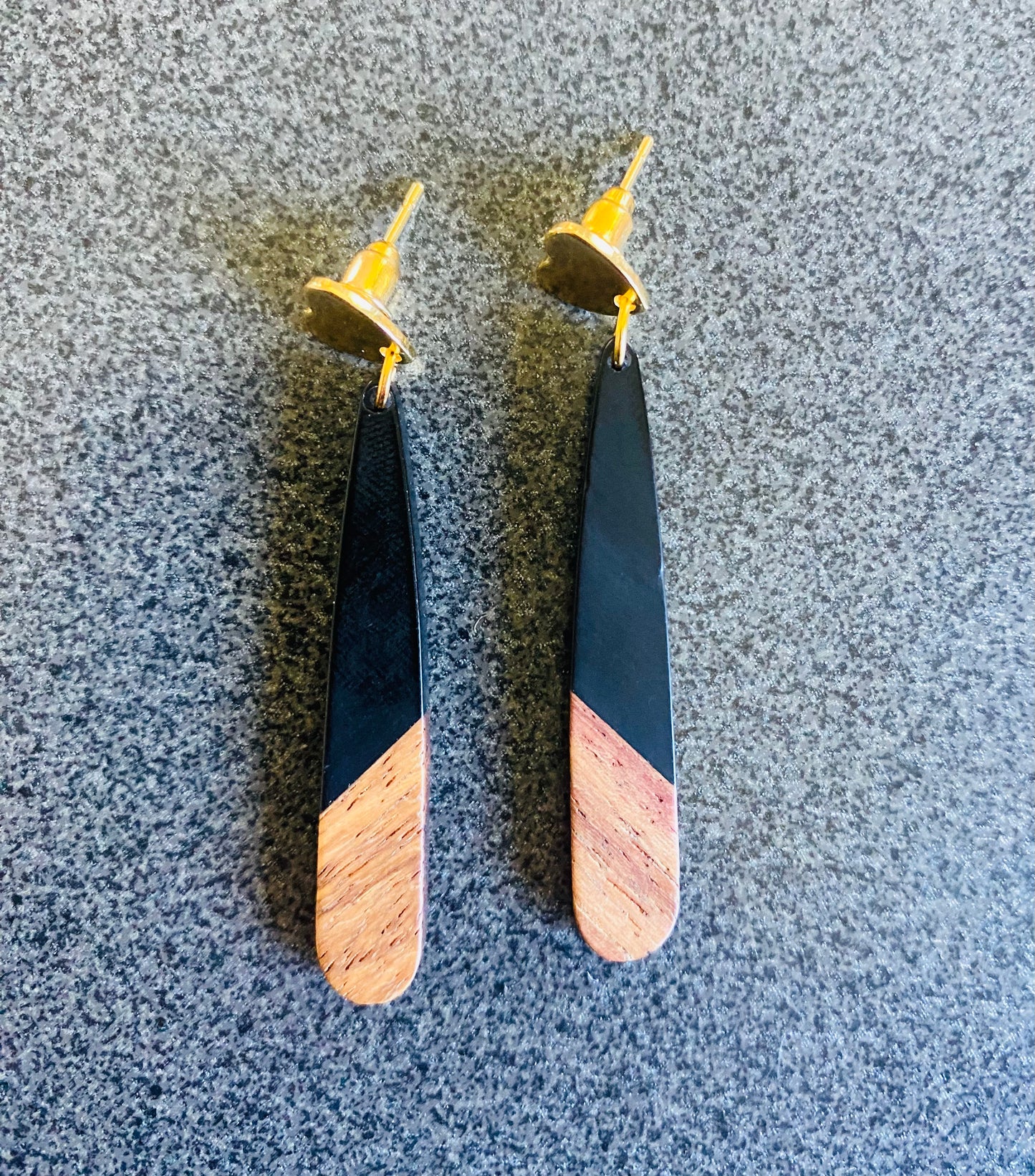 Black Resin & Wood Teardrop Earrings