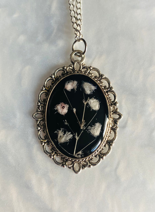 Botanical White Flowers in Resin Necklace